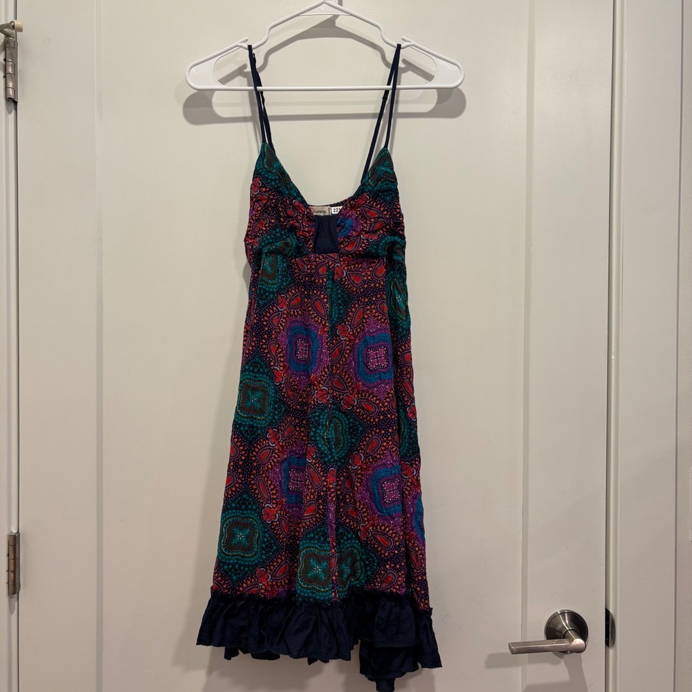 Liberty Love Boho Paisley Print Ruffle Mini Dress Womens Small Purple Teal